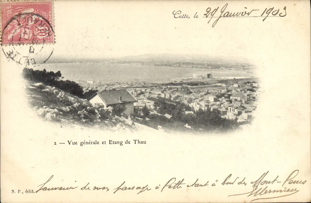 Vista generale e Lago di Thau — Questa, 29 Gennaio 1903 — N.P. edit. - Recto