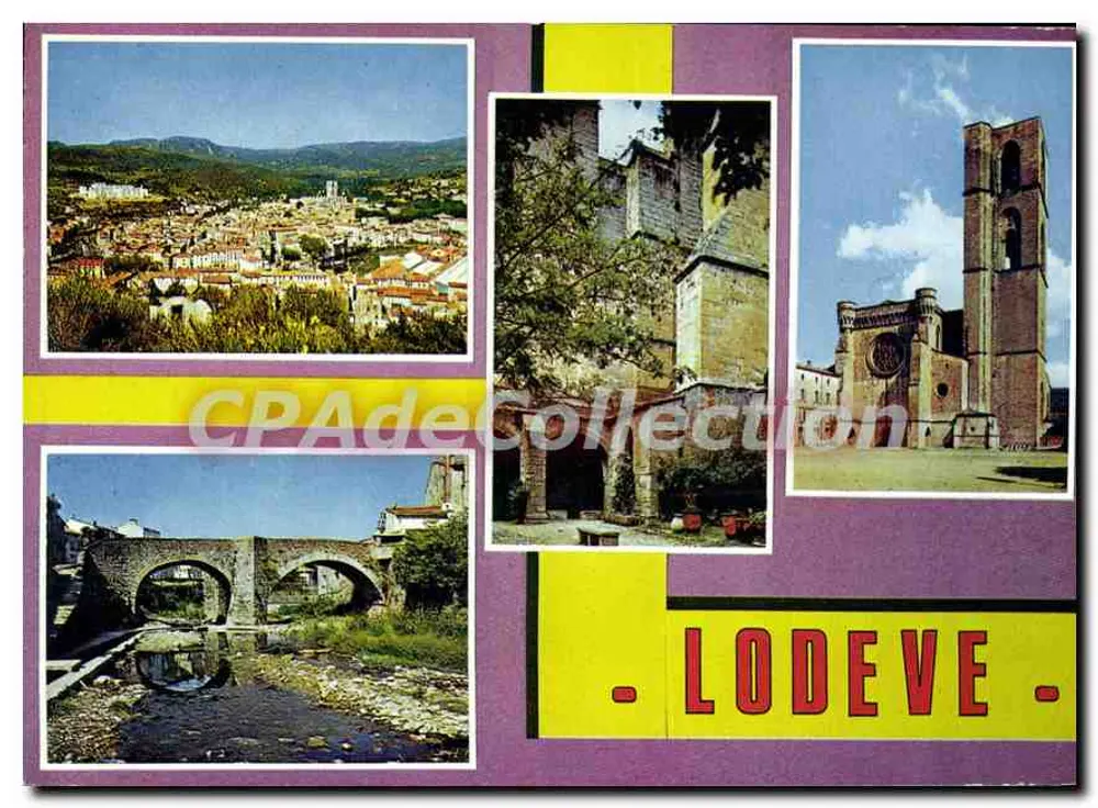 Lodève — vista panorâmica, igreja, torre da igreja, ponte sobre o rio — Edições La Cigogne, n°34.142.06 - Frente