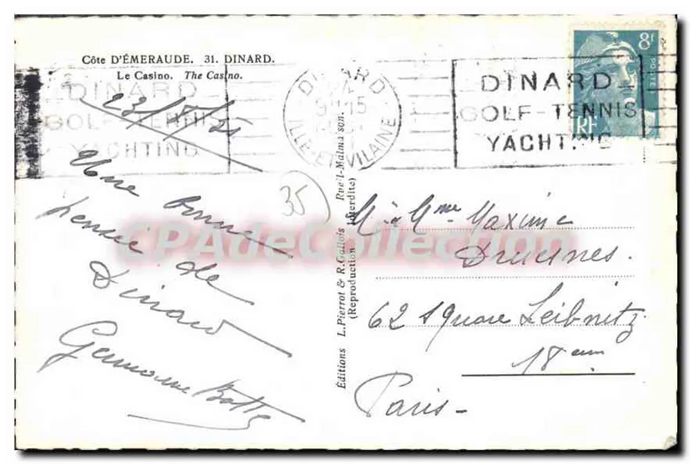 Casino de Dinard — Costa da Esmeralda — Edições L. Pierrot & R. Callois - Verso