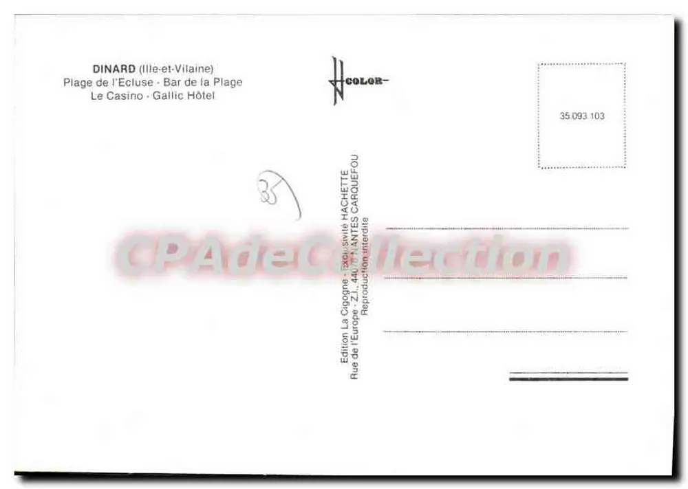 Dinard — Ansicht der Strandpromenade, des Kasinos und des Hotels Gallic — Edition La Cigogne - Rückseite