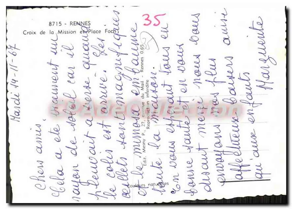 Rennes - Place Foch und Kreuz der Mission — Verlag Mesny P. 27, avenue du Mail - Rennes - Rückseite