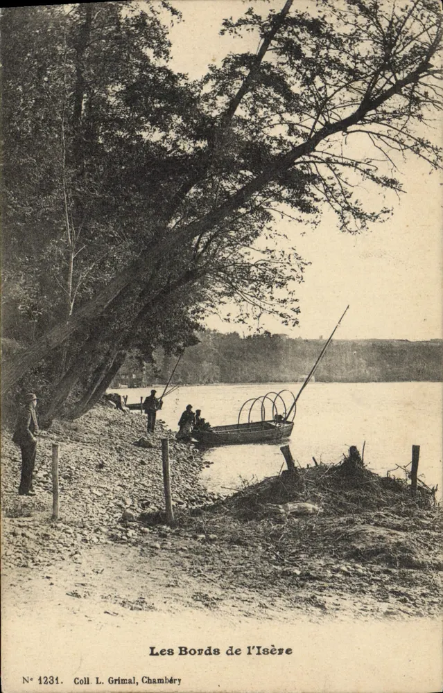 Brzegi rzeki Isère — widok rybaków i łodzi — Zbiór L. Grimal, Chambéry, N° 1231 - Awers