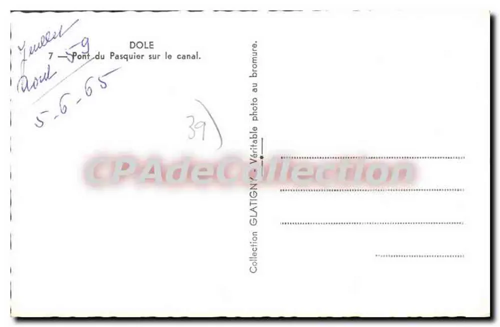 Dole — Ponte do Pasquier sobre o canal — Coleção Glatigny - Verso