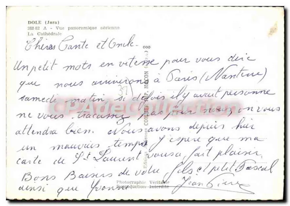 Dole (Jura) — Vista panorâmica aérea — A Catedral e o rio — Edições P. Mason - Verso