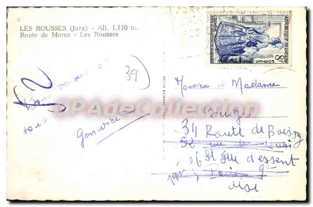 Les Rousses (Jura) — Estrada de Morez — editor P. Comier Éd. (n° 39) - Verso