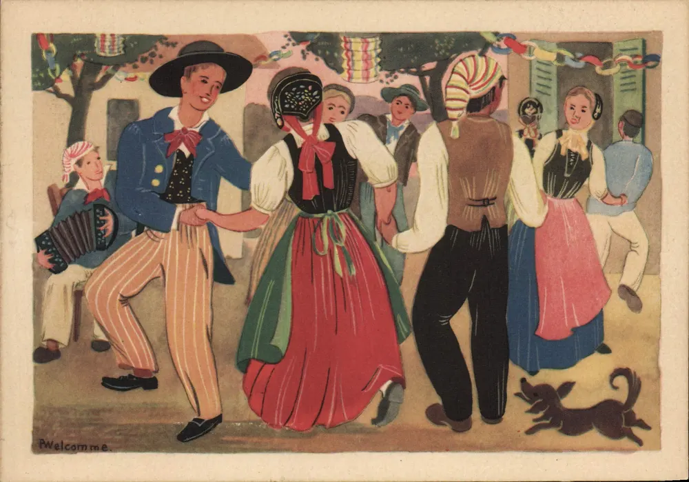 Dança folclórica na França Comtada — segundo uma aquarela de P. Welcomme — Edições Regionais - Frente