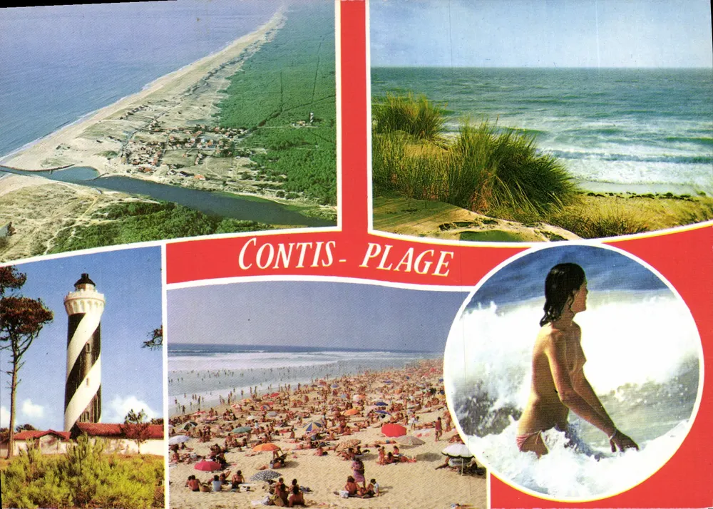 Contis-Plage — vista aérea, farol, praia lotada, mulher nas ondas — Éditions Cap Théojac - Frente