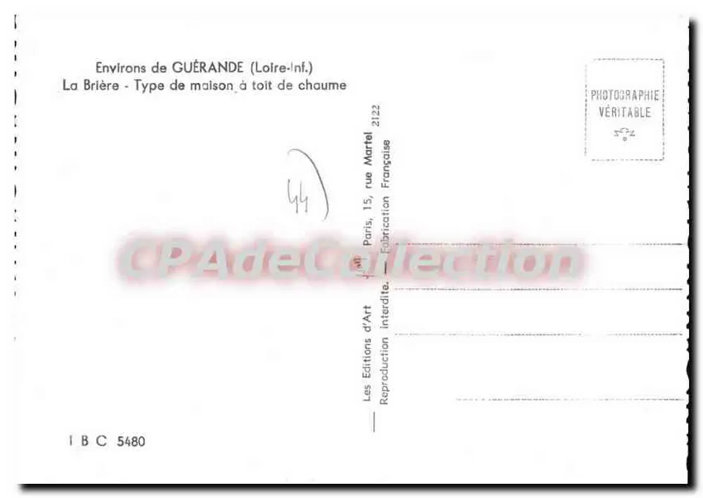 La Brière — Tipo de casa com telhado de colmo — Les Éditions d'Art, Paris - Verso