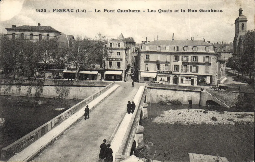 Figeac (Lot) — Brücke Gambetta — Die Uferpromenade und die Straße Gambetta — Ausgabe der Librairie Vertuel Saint-Girès, Nr. 1433 - Vorderseite