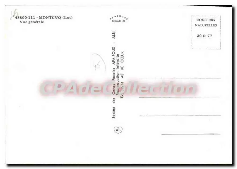 Montcuq — allgemeiner Blick — Société des Cartes Postales APA-POUX, ALBI, n° 48800-111 - Rückseite