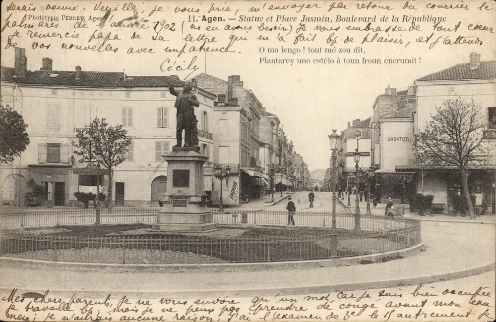 Agen — Statue und Place Jasmin, Boulevard de la République — Phototypie Perret, n°11 - Vorderseite