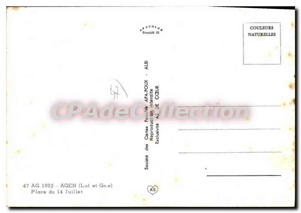 Agen — Plein van 14 juli — Société des Cartes Postales APA-POUX - Achterkant
