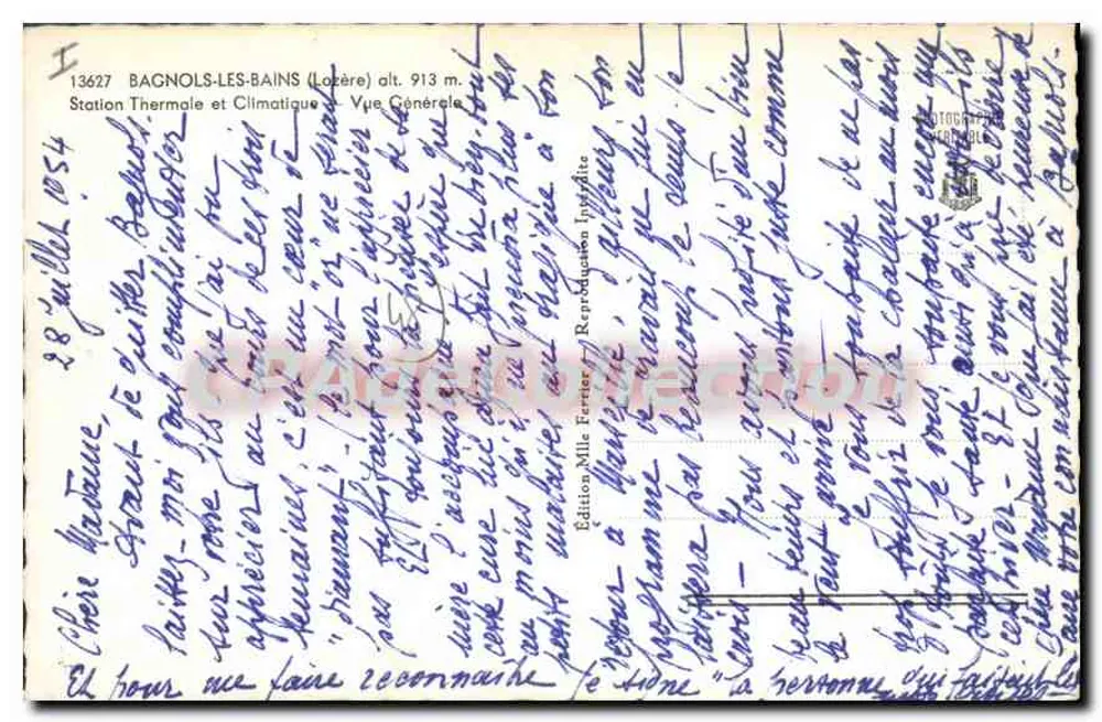 Bagnols-les-Bains — Vista Geral — Edição da Srta. Ferrier - Verso