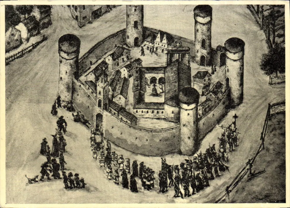 Langogne (Lozère) — Die Stadt im 12. Jahrhundert — Prozession um die Mauern — Gezeichnet von P. Laurent - Vorderseite