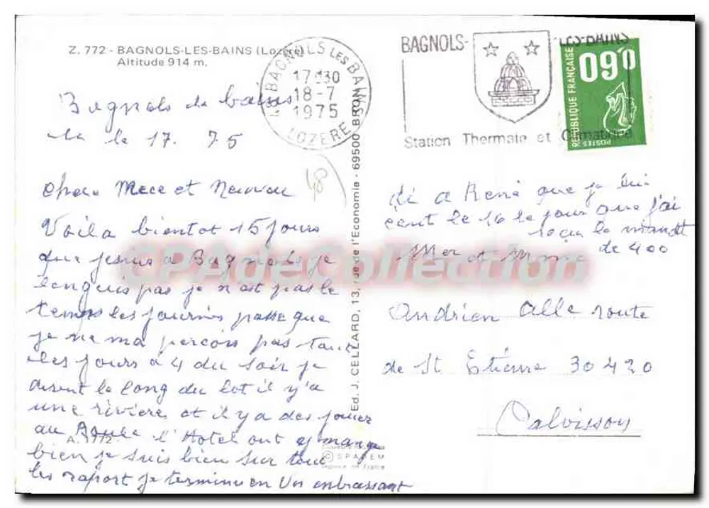 Bagnols-les-Bains — vista do Hotel do Ponte e do castelo — Ed. J. Cellard, n° 772 - Verso