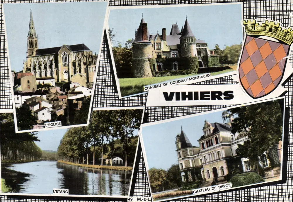 Vihiers — vista panorâmica com igreja, castelo de Coudray-Montbaud, lago e castelo de Tirpoil — editor M.-&-L. n°49 - Frente