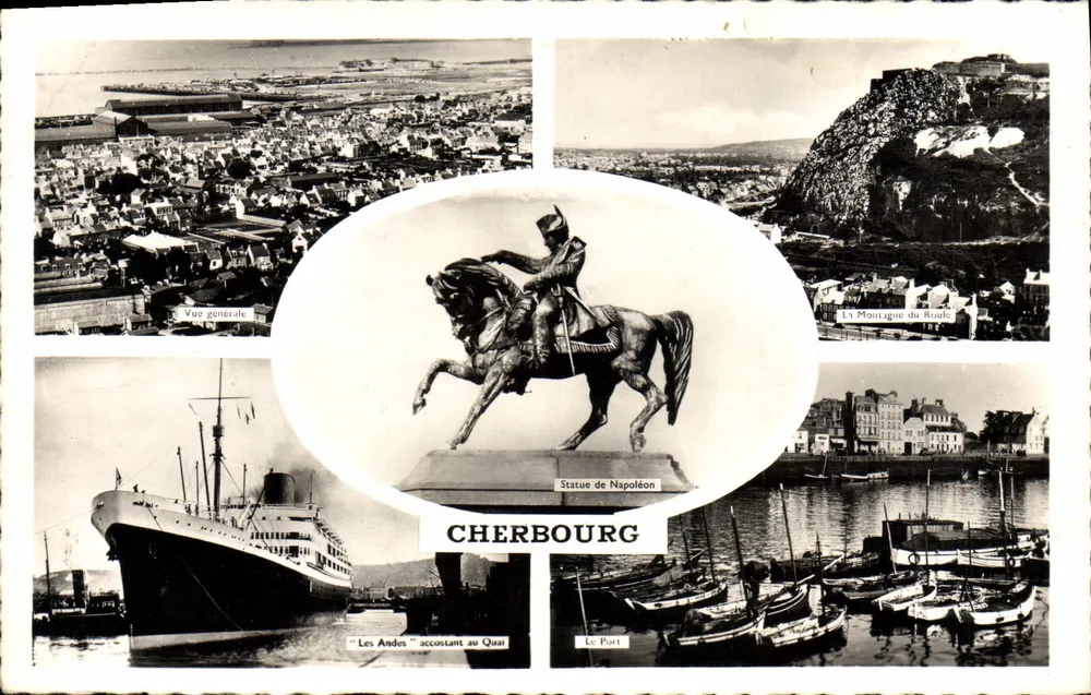 Cherbourg — Ogólny widok, Statua Napoleona, Góra Roule, Port, "Les Andes" przybiegający do nabrzeża — Wydawca ARTAUD Frères et Fils, NANTES - Awers