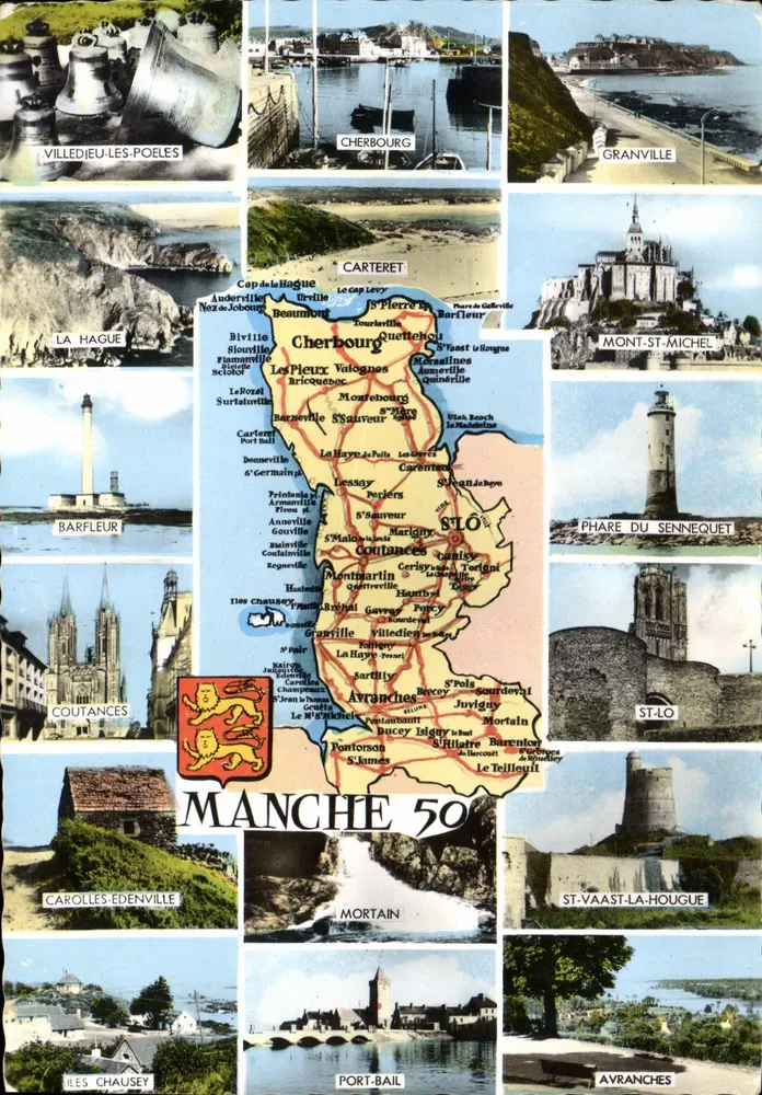 Manche 50 — Carta postal panorâmica com mapa e locais — Edições Gaby, Nantes - Frente