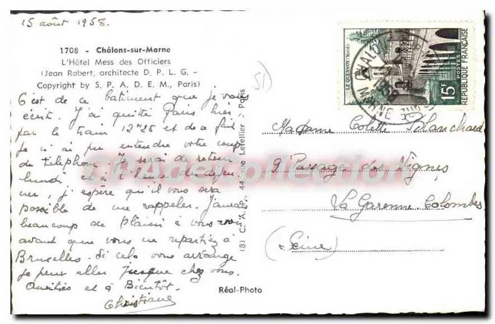 Hotel Mess des Officiers — Châlons-sur-Marne — Verlag Réal-Photo - Rückseite