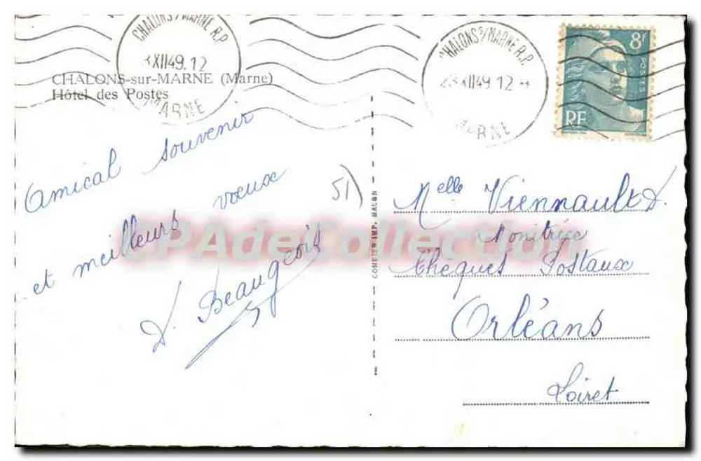 Hotel das Pós e Telégrafos — Chalons-sur-Marne — Cim - Verso