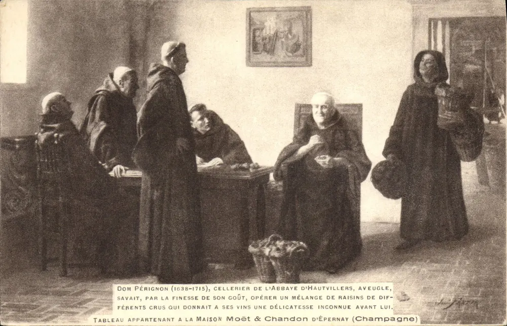 Dom Pérignon (1638-1715), cellerier da abadia de Hautvillers, cego, sabia pela finura do seu gosto operar uma mistura de uvas diferentes crus que dava aos seus vinhos uma delicadeza desconhecida antes dele — Quadro pertencente à Maison Moët & Chandon d'Épernay (Champagne) - Frente