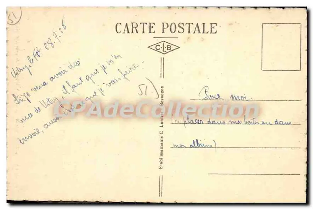 Vitry-le-François (Marne) — Estátua do Coronel Moll — Bilhete postal antigo de Coleção - Verso