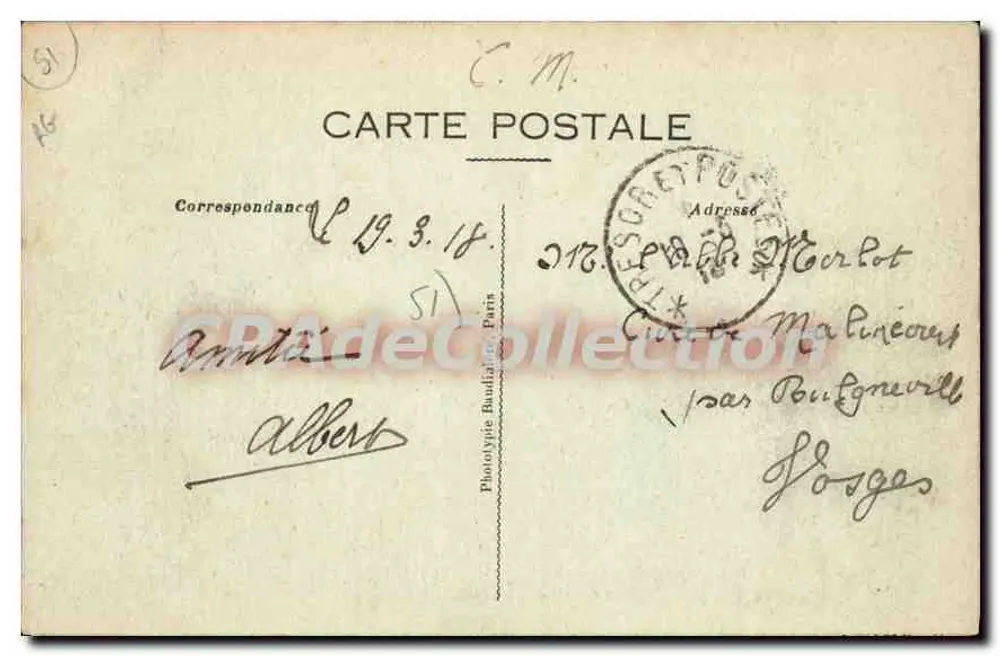 Frignicourt (Marne) — Rue du Coton und die Kirche — Geschossen und in Brand gesteckt vom 6. bis 12. September 1914 — V. Laporte, Villy-le-Franc - Rückseite