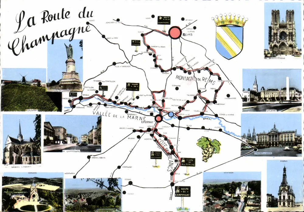 A Estrada do Champagne — carta postal turística com itinerário e fotos de locais — Impressora V. MAÇON - Frente