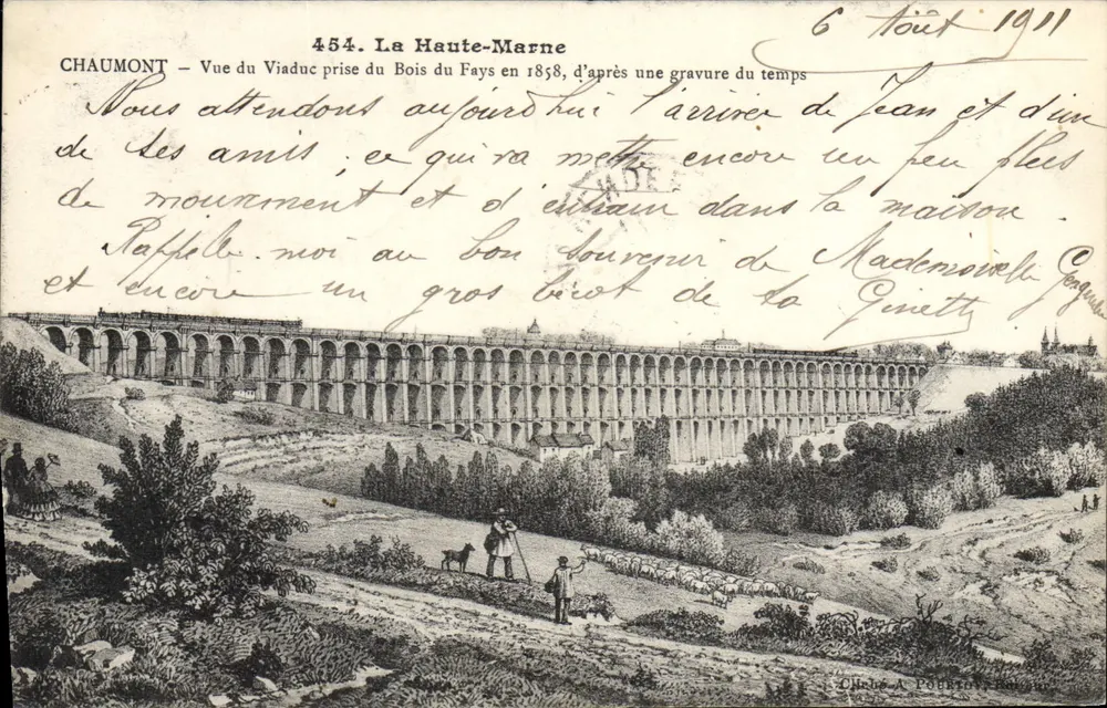 Chaumont — Ansicht des Viaducts vom Bois du Fays aus dem Jahr 1858, nach einer zeitgenössischen Kupferstechung — Cliché A. Poulenc - Vorderseite