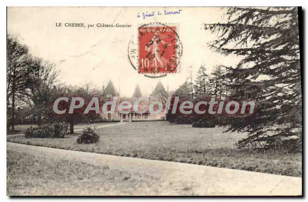 Le Chesne, por Château-Gaontier — vista do castelo com telhados cônicos — editor não visível - Frente