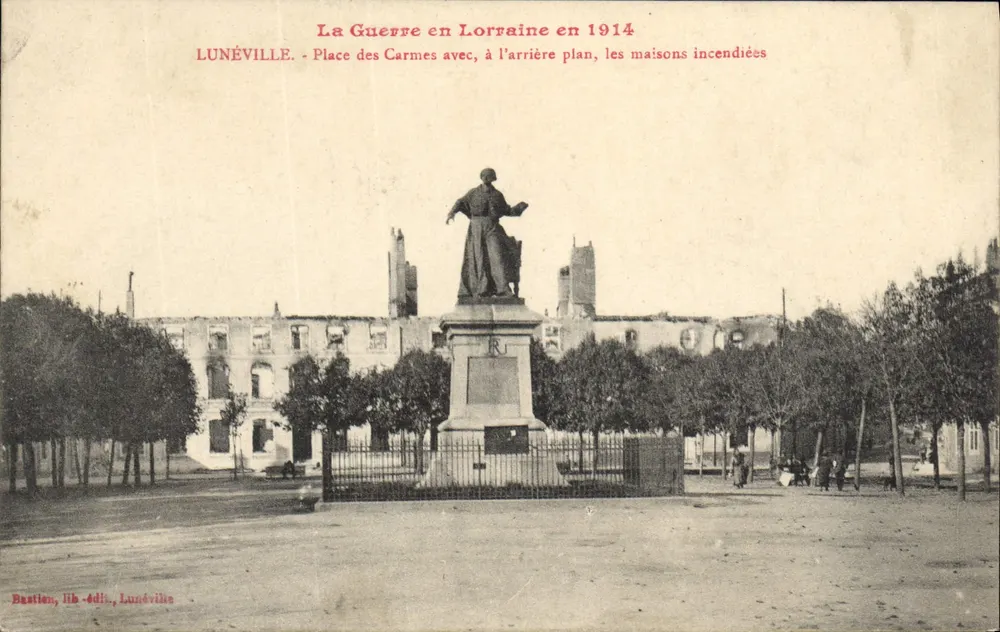 Lunéville - Place des Carmes mit den verbrannten Häusern - Bastien, lith.-Verlag, Lunéville - Vorderseite