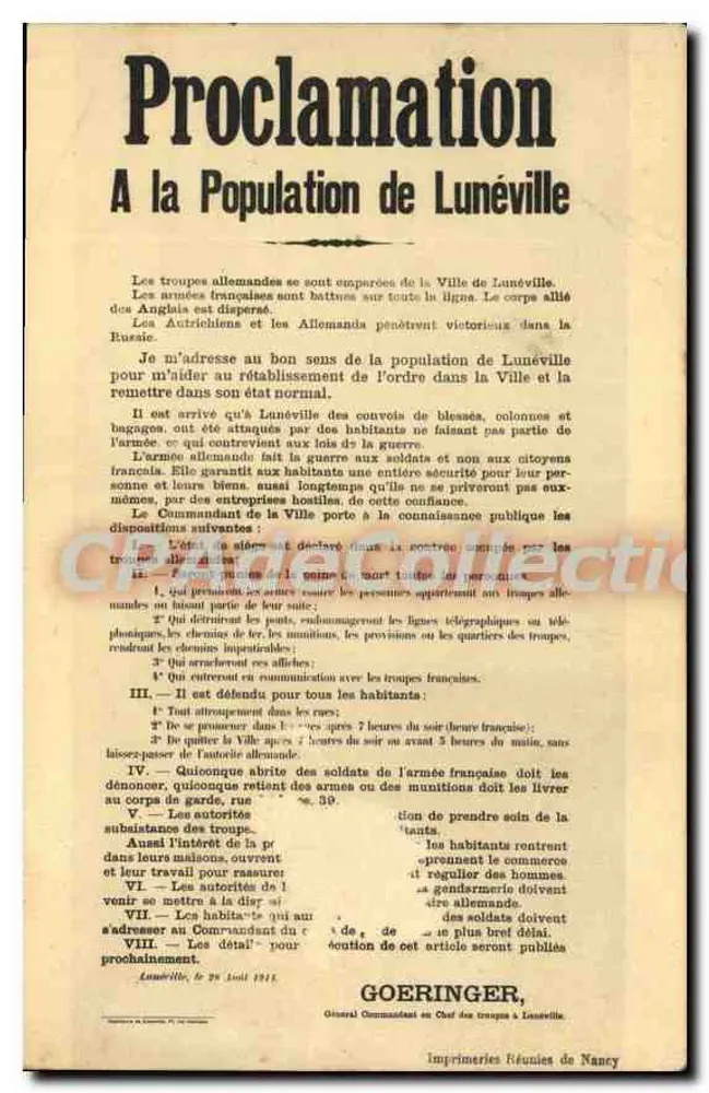 Erklärung an die Bevölkerung von Lunéville — General Goeringer, 20. Juni 1915 — Imprimeries Réunies de Nancy - Vorderseite