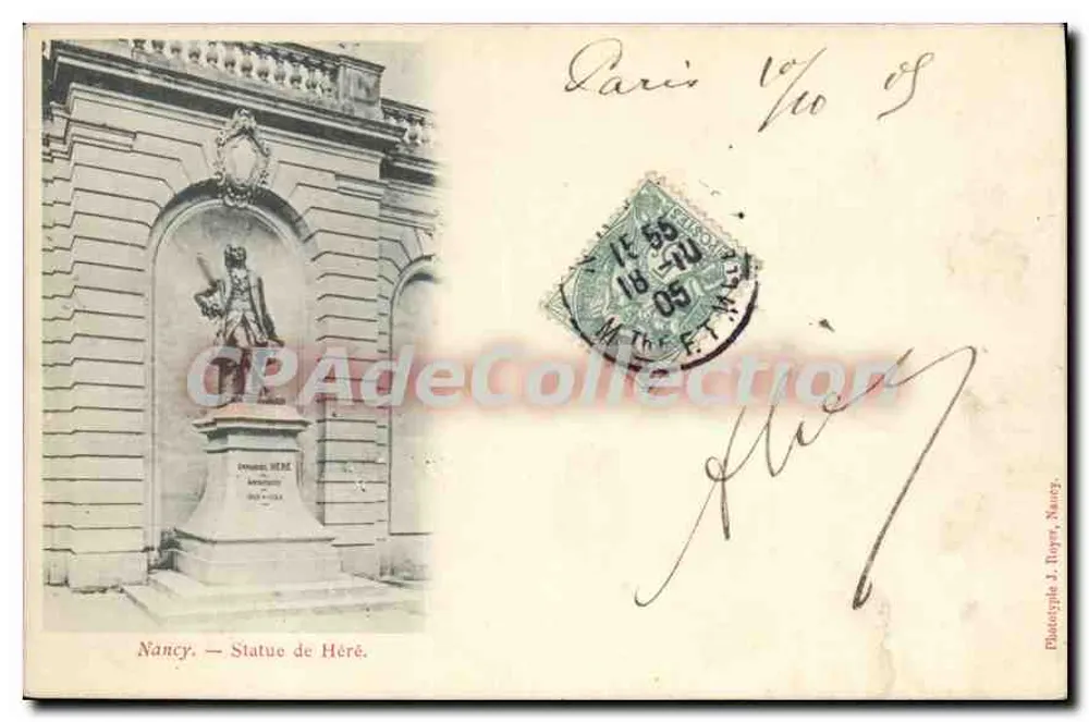Nancy — Estátua de Héré — Fototipia J. Ropin, Nancy - Frente
