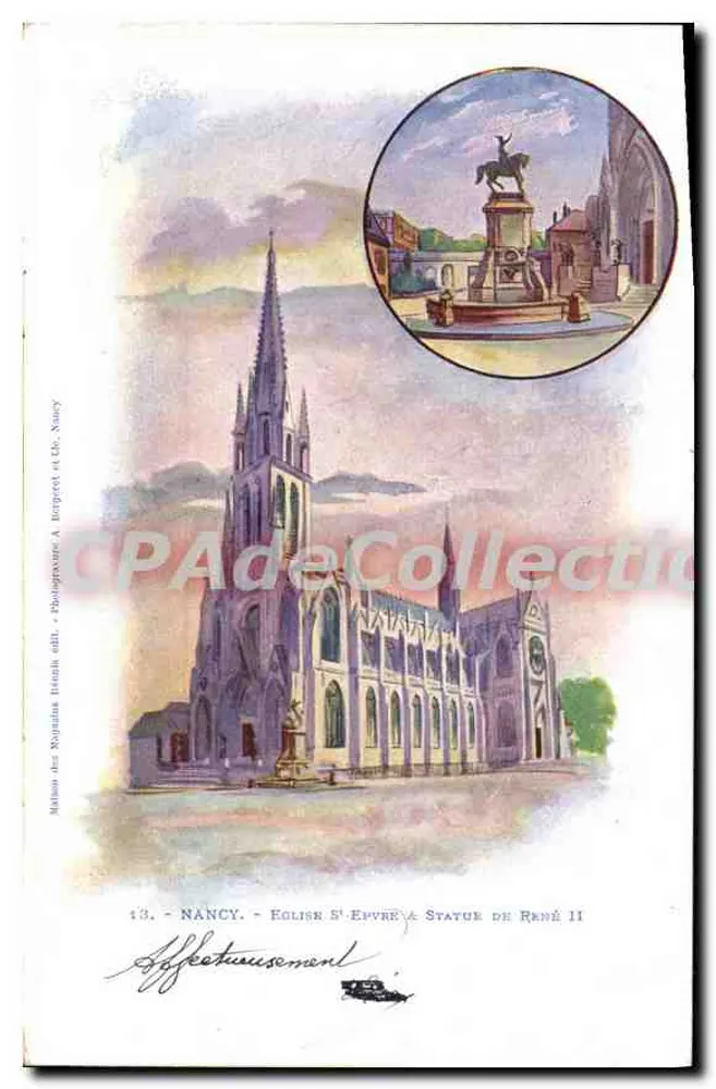 NANCY - IGLESIA DE SAN EPVRE Y ESTATUA DE RENÉ II — Maison des Royatines, grabado fotográfico A. Bézergret et Cie, Nancy - Anverso