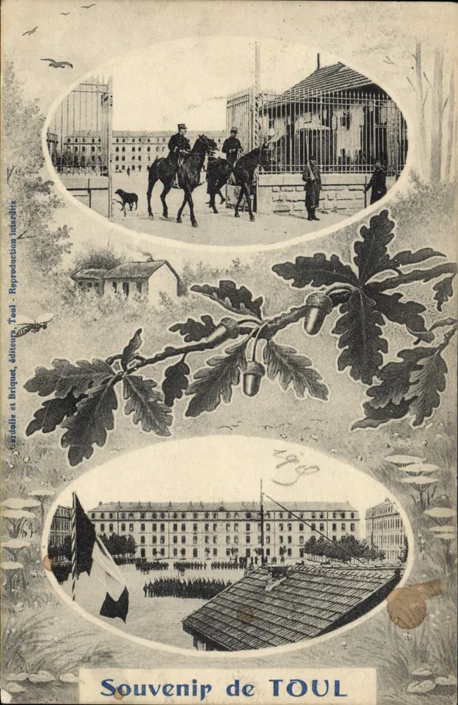 Lembrança de TOUL — vista da praça com bandeira e edifício, e cavaleiros diante de uma gaiola — editor Carrolle e Brïques, Toul - Frente