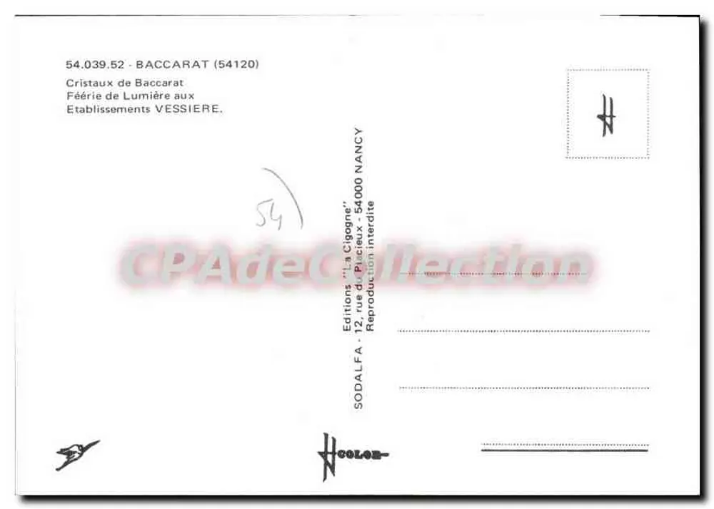 Cristais de Baccarat — Estabelecimentos Vessière — Edições 'La Cigogne' Nancy - Verso