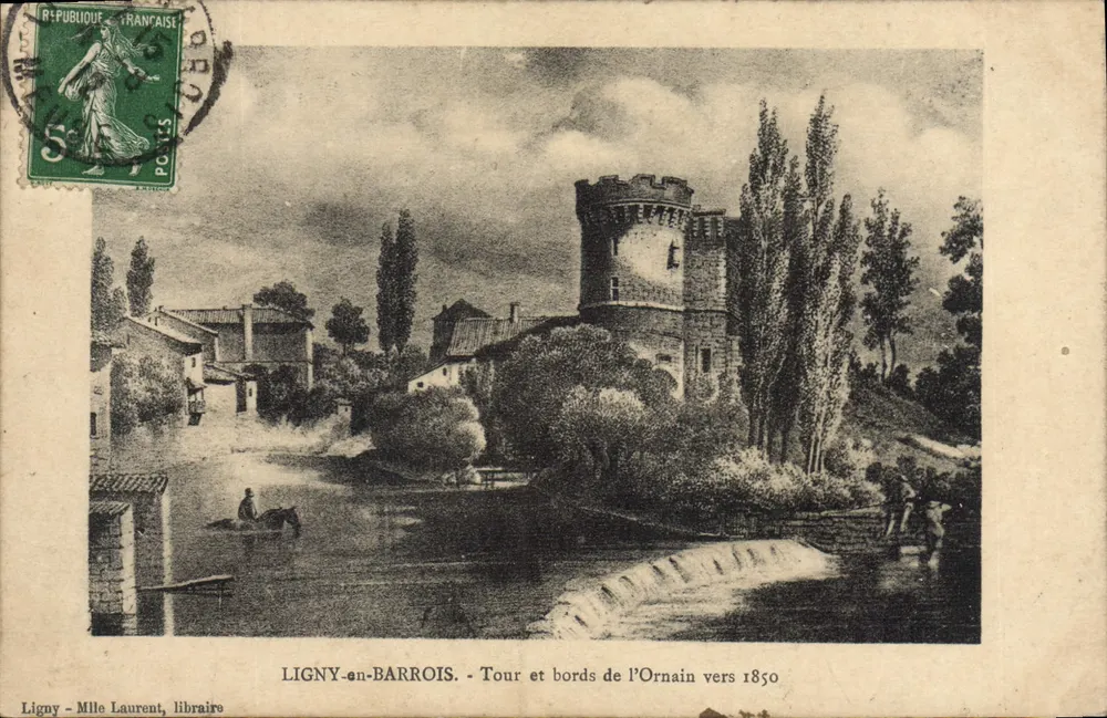 LIGNY-en-BARROIS - Turm und Ufer des Ornain um 1850 — Mlle Laurent, Buchhändlerin - Vorderseite