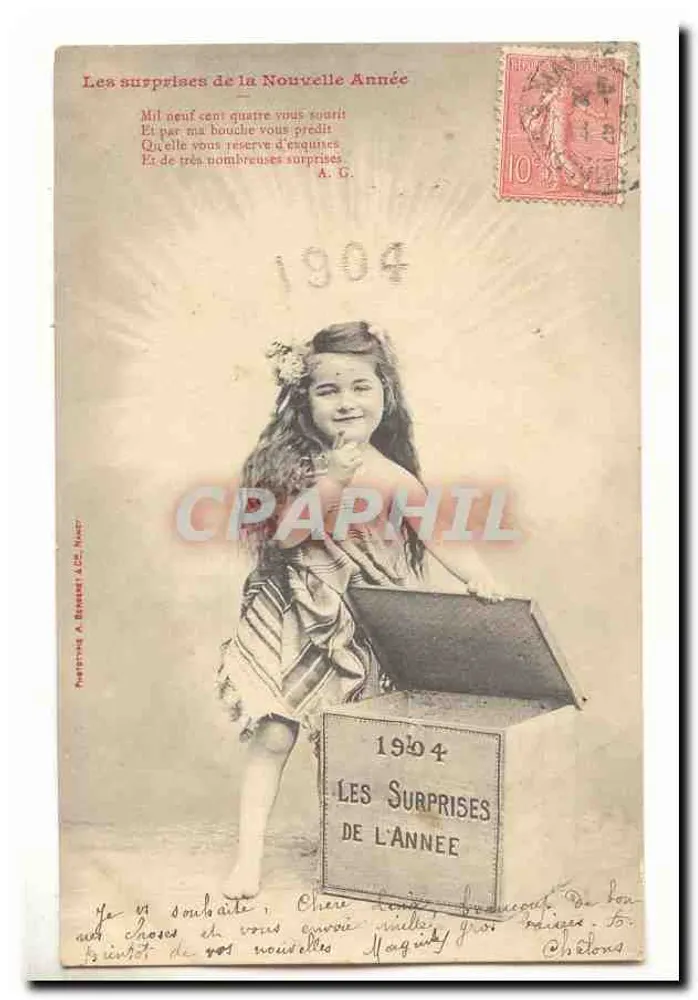 Mädchen vor einer Überraschungsbox — Neujahr 1904 — A. C. NOSTER - Vorderseite