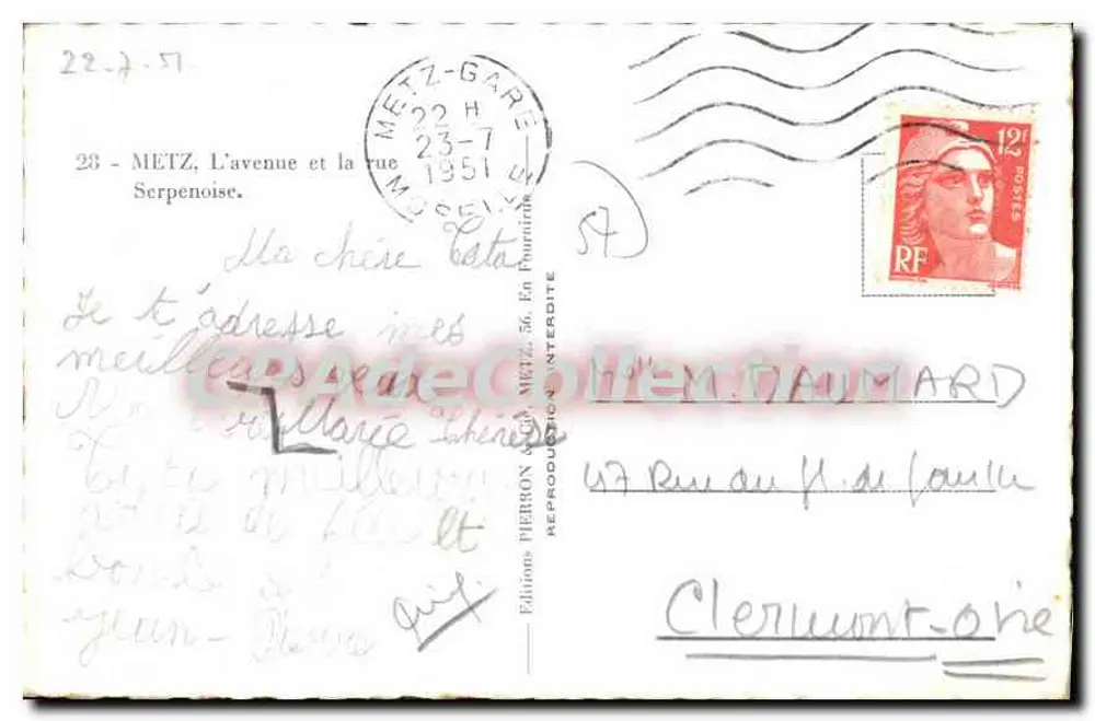 Rue Serpenoise em Metz — visão urbana com placas 'RADIO TELEFUNK' e 'GILLET LA FOND' — Editor: Edições PIERBON & Cie - Verso