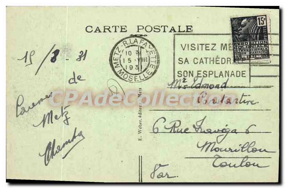 Metz — A Posta Central — E. Weber, n°89 - Verso