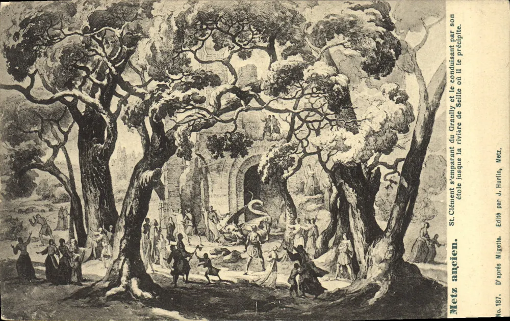 Metz antigo — St. Clément se apoderando do Graully e o conduzindo até o rio Seille onde o lança. — Segundo Migette. Editado por J. Hurlin. No. 137. - Frente