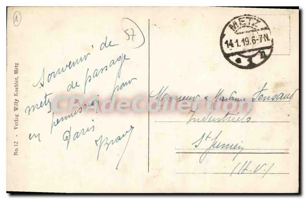 Metz - Monumento ao Imperador Guilherme I — editor Willy Kochler, n°12 - Verso