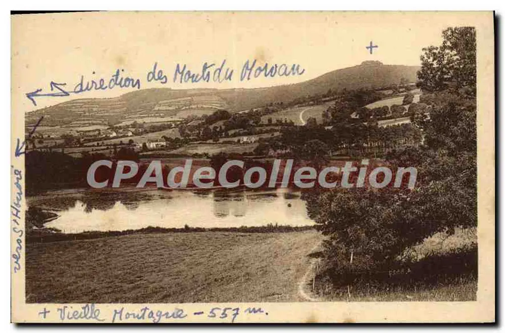 Velha Montanha - 557 m. — Vista sobre o lago e as colinas — Direção dos Montes do Morvan - Frente