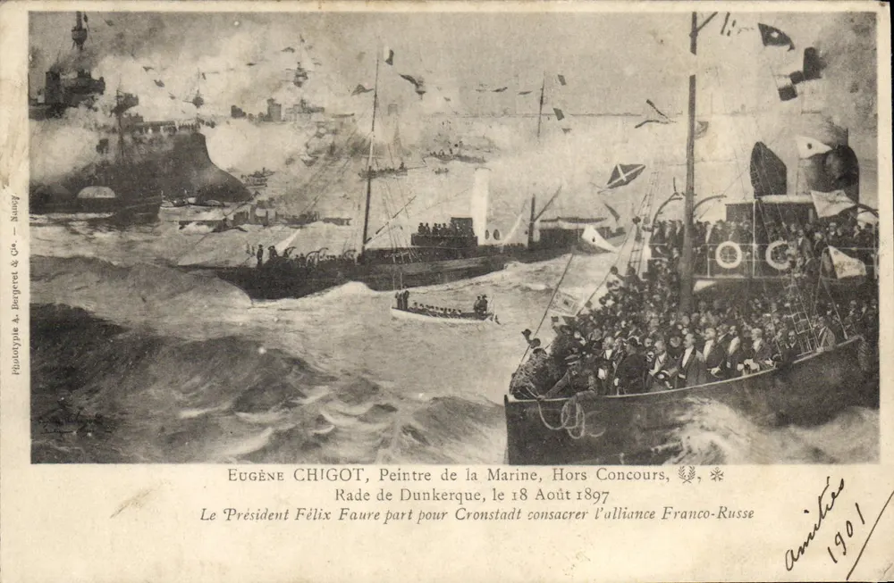 Der Präsident Felix Faure verlässt für Cronstadt, um die französisch-russische Allianz zu feiern — Hafen von Dunkerque, 18. August 1897 — Eugene Chigot, Phototypie H. Bergeret & Cie, Nancy - Vorderseite