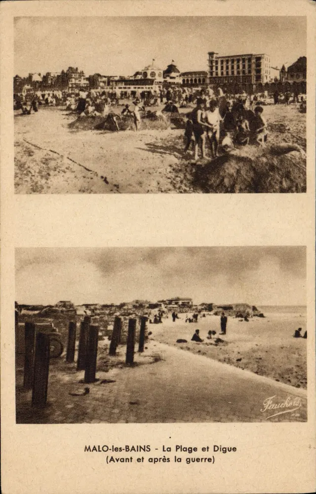 MALO-les-BAINS - A Praia e a Dique — Antes e depois da guerra — Editor Fauchold, série 59 - Frente