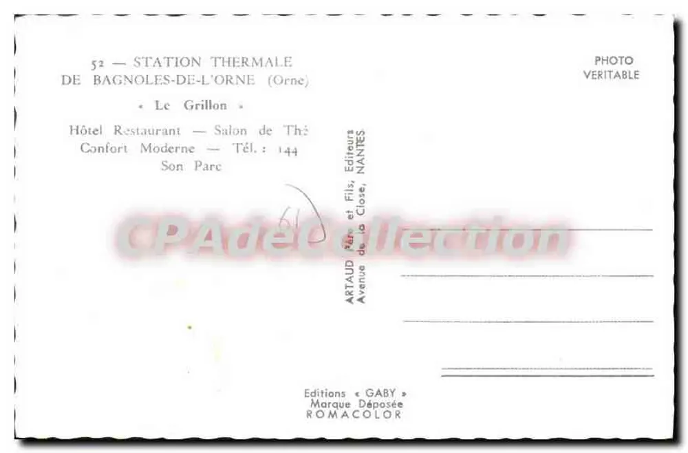Hotel Le Grillon — Estação termal de Bagnoles-de-l'Orne — Éditions Gaby - Verso
