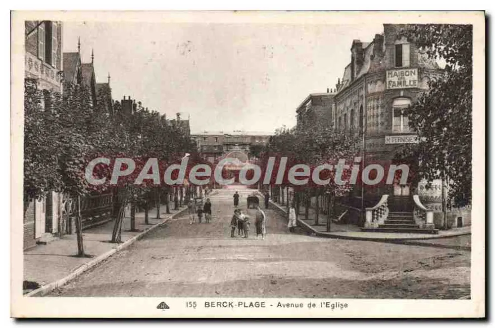 Berck-Plage - Avenida da Igreja — Bilhete postal antigo n°155, editor Alsatienne des Arts Photomécanique - Frente