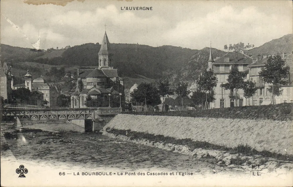 La Bourboule — Die Brücke der Cascades und die Kirche — Auvergne, Verlag M.T.L. - Vorderseite