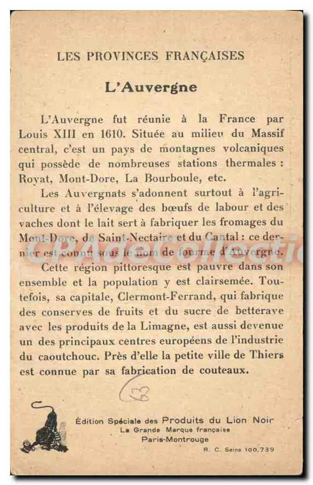 Auvergne — Die französischen Provinzen — Sonderausgabe der Produkte des Schwarzen Löwen - Rückseite
