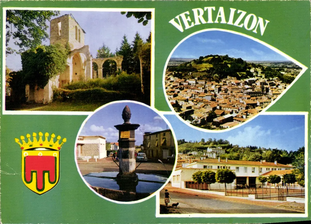 Vertaizon — allgemeiner Luftbildblick, Kirche, Brunnen, Wappen — Conblier Imprimeur Micron - Vorderseite